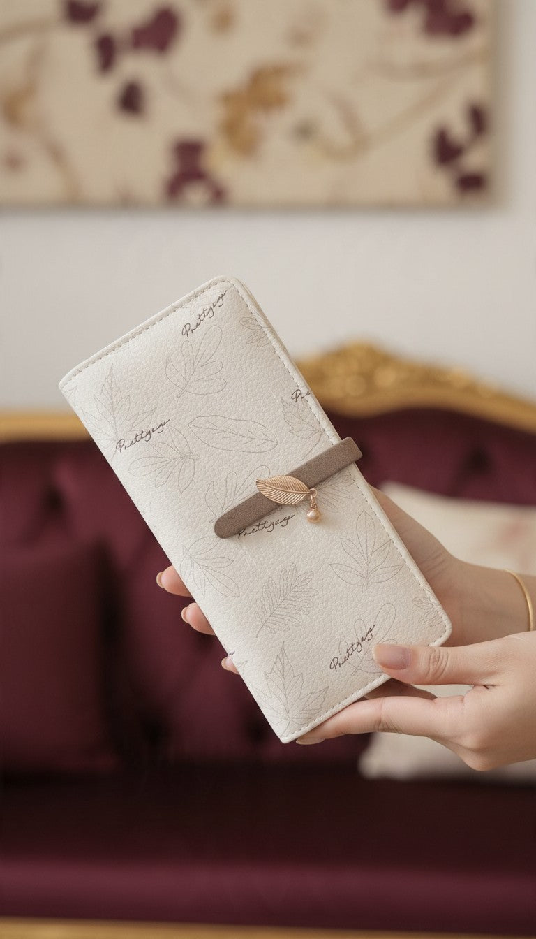 Leaf Print Long Wallet with Strap — Beige
