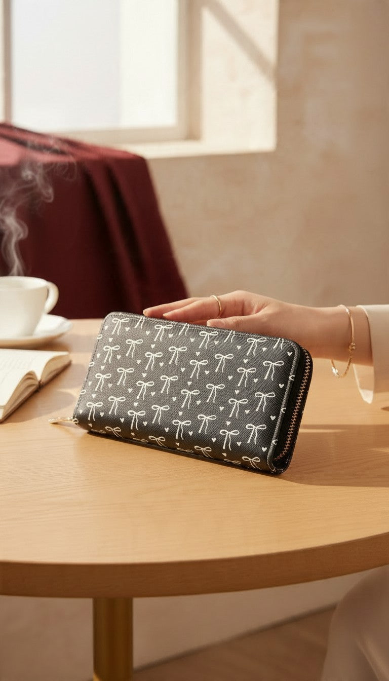 Bow Print Zip-Around Long Wallet — Black