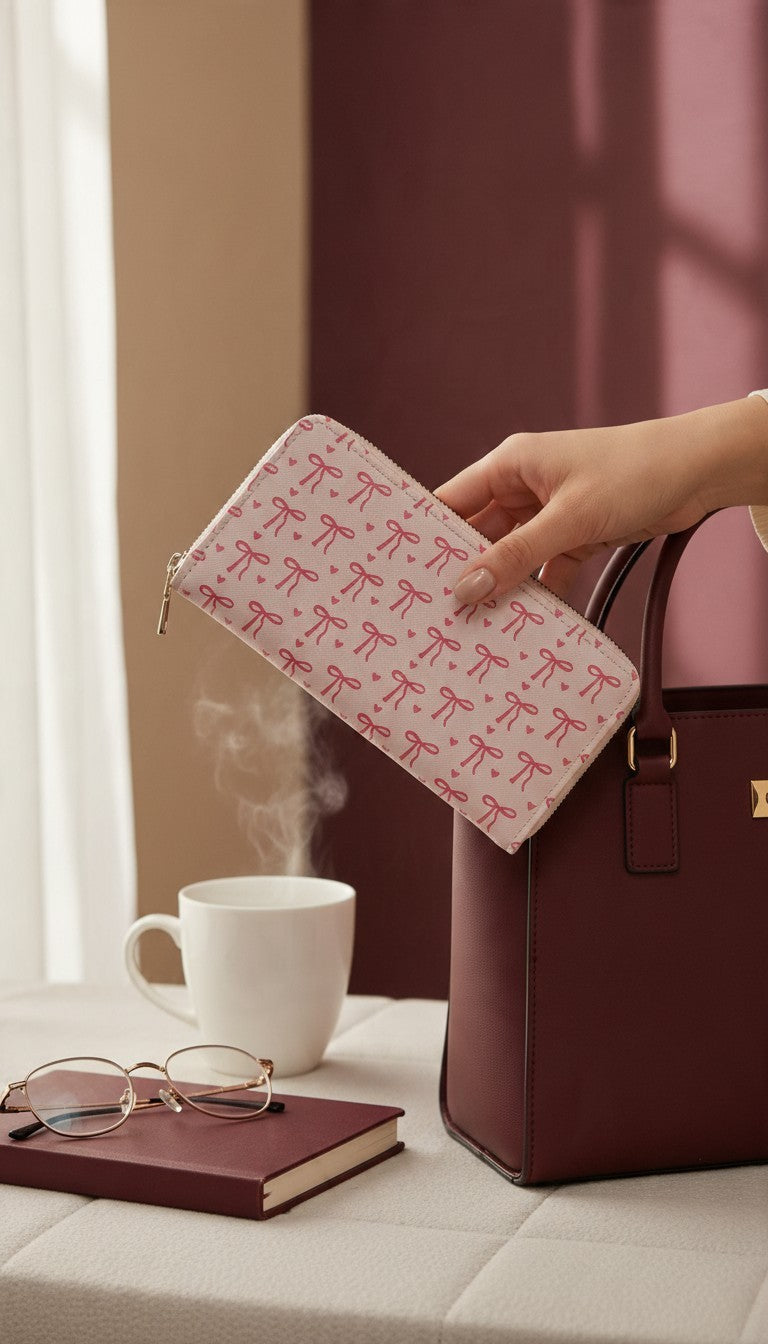 Bow Print Zip-Around Long Wallet — Pink