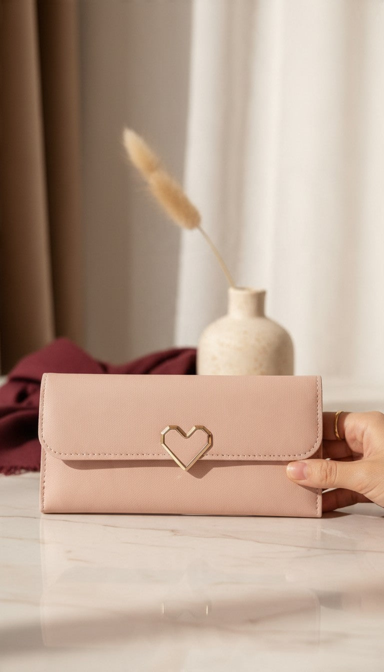 Heart Clasp Slim Long Wallet — Pink