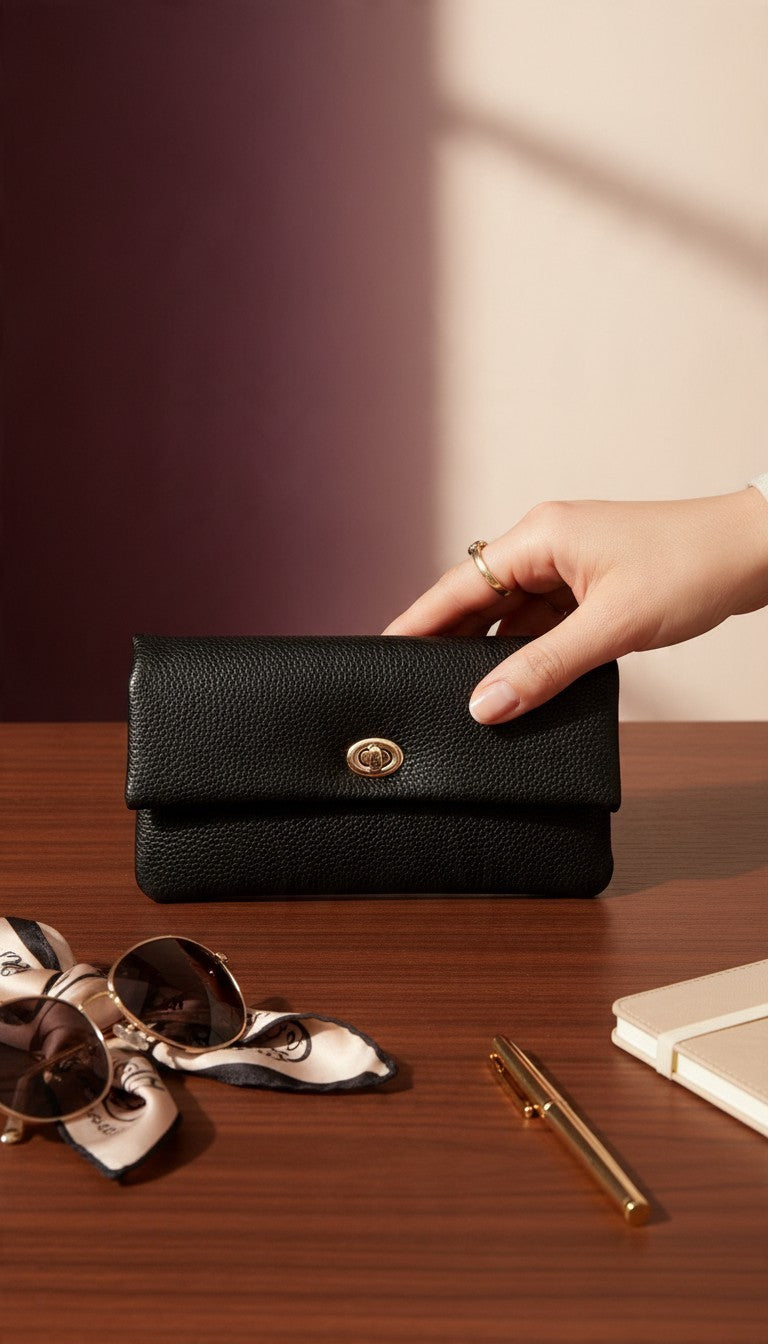 Turn-Lock Flap Long Wallet — Black