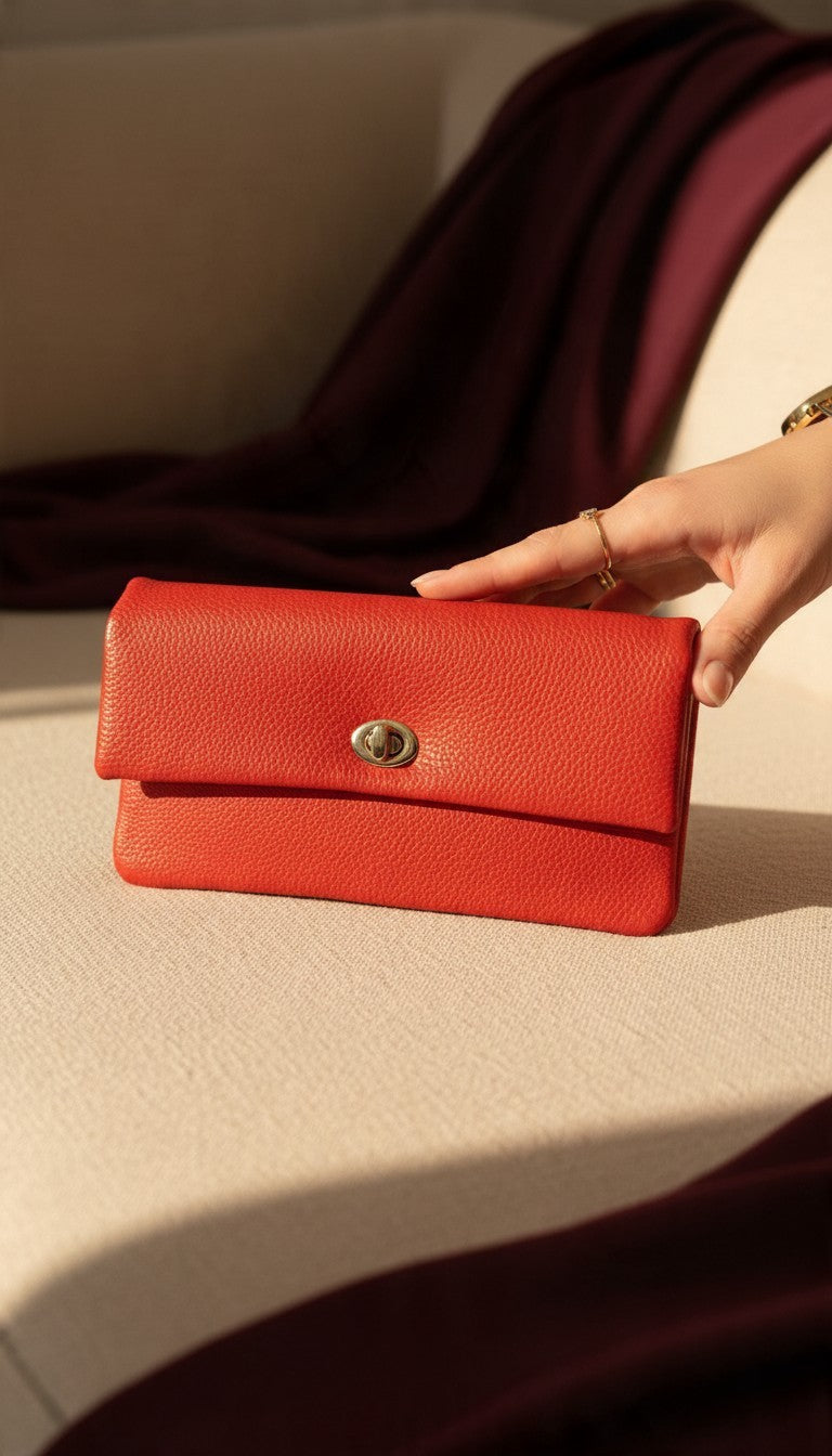 Turn-Lock Flap Long Wallet — Red