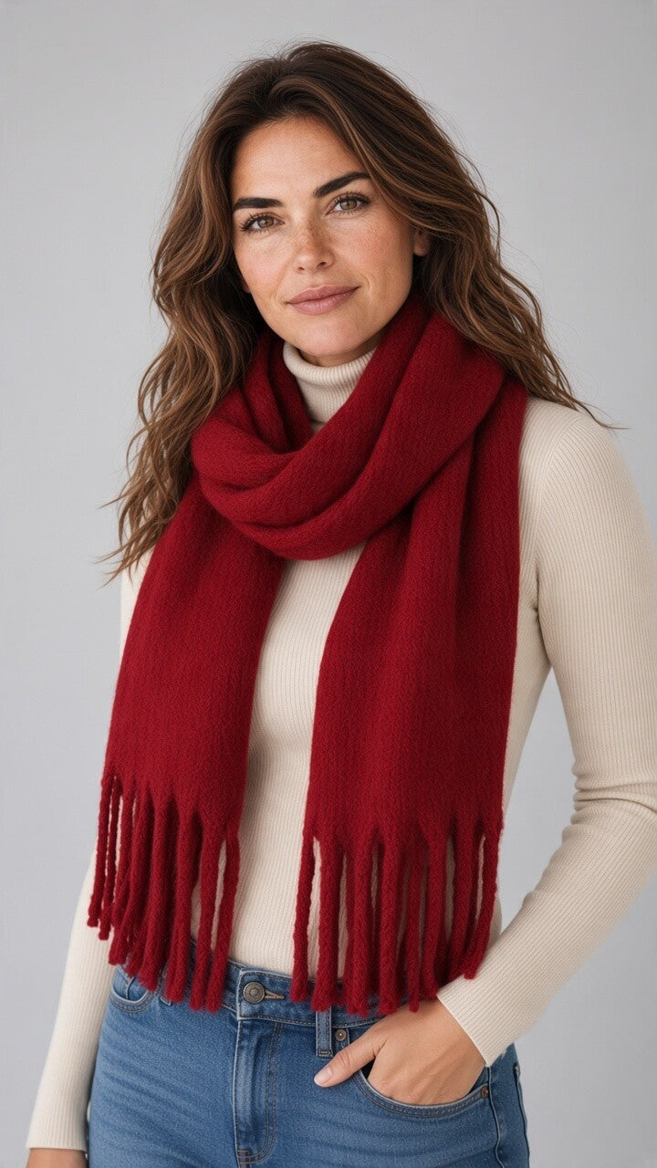 Fluffy Tassel Scarf — Red
