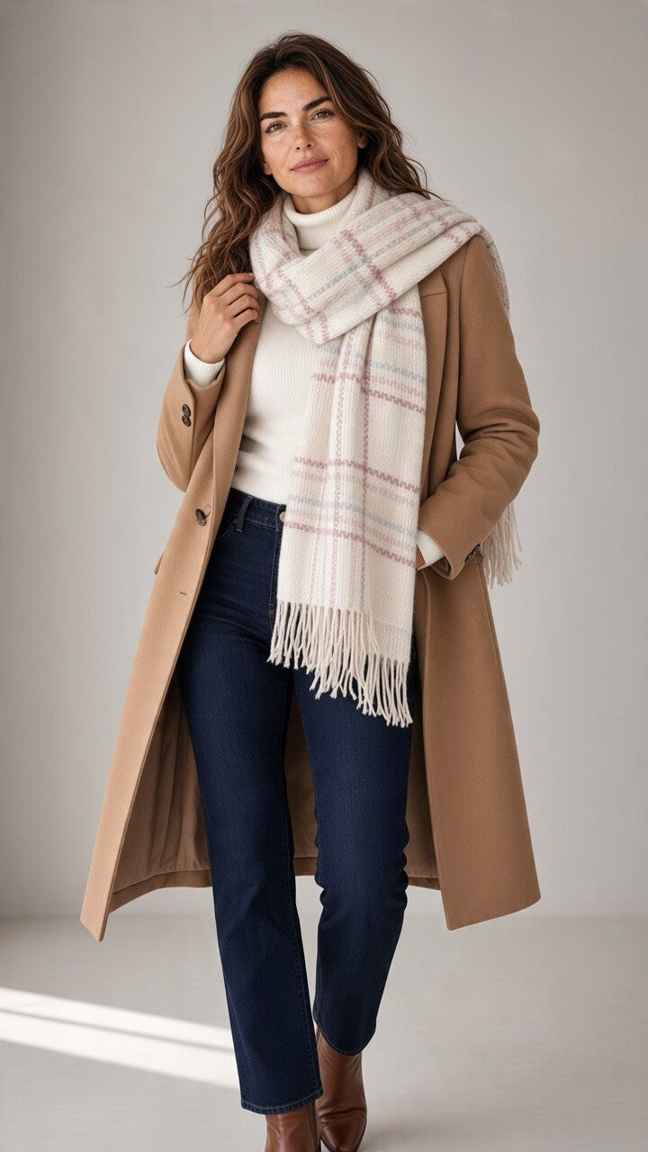 Checked Fringe Scarf — Cream