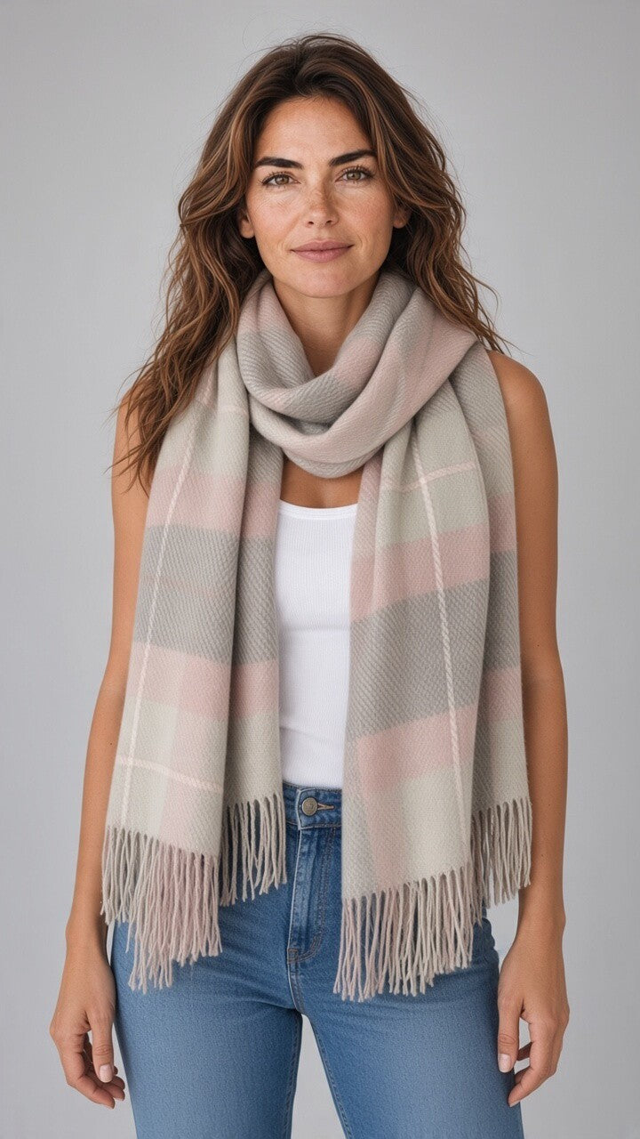 Plaid Fringe Shawl Scarf — Pink