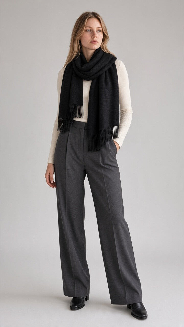 Soft Solid Fringe Scarf — Black