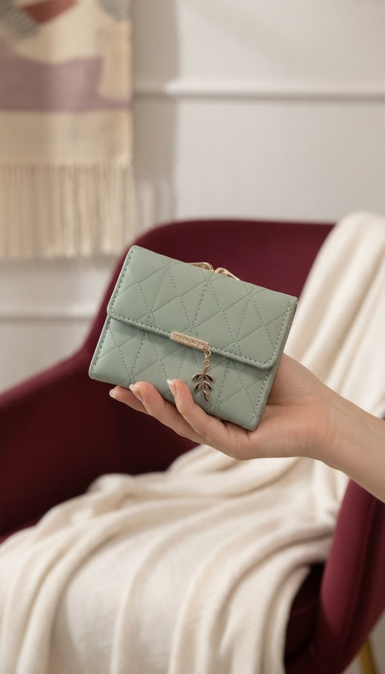 Leaf Charm Quilted Trifold Wallet — Green