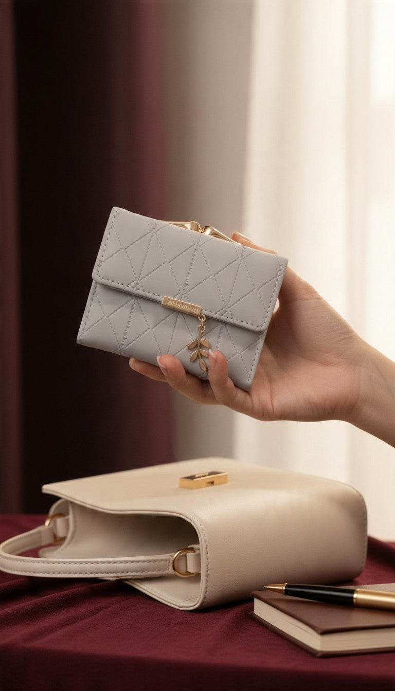 Leaf Charm Quilted Trifold Wallet — Grey