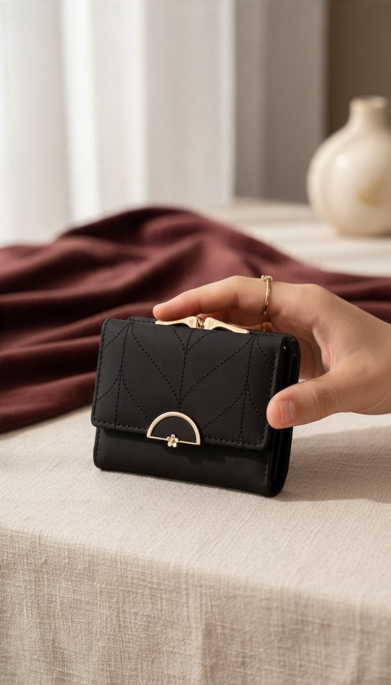 Half-Moon Clasp Trifold Wallet — Black