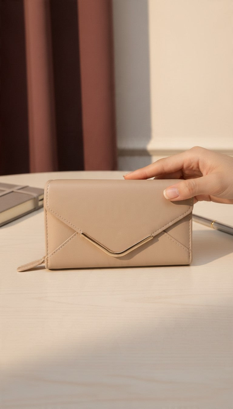 Envelope Zip Wallet with Gold Bar — Beige