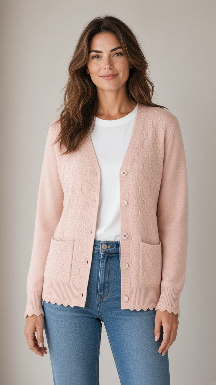 Scalloped Pointelle Cardigan — Blush Pink