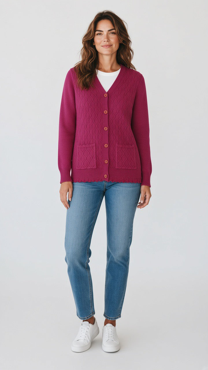 Scalloped Pointelle Cardigan — Purple