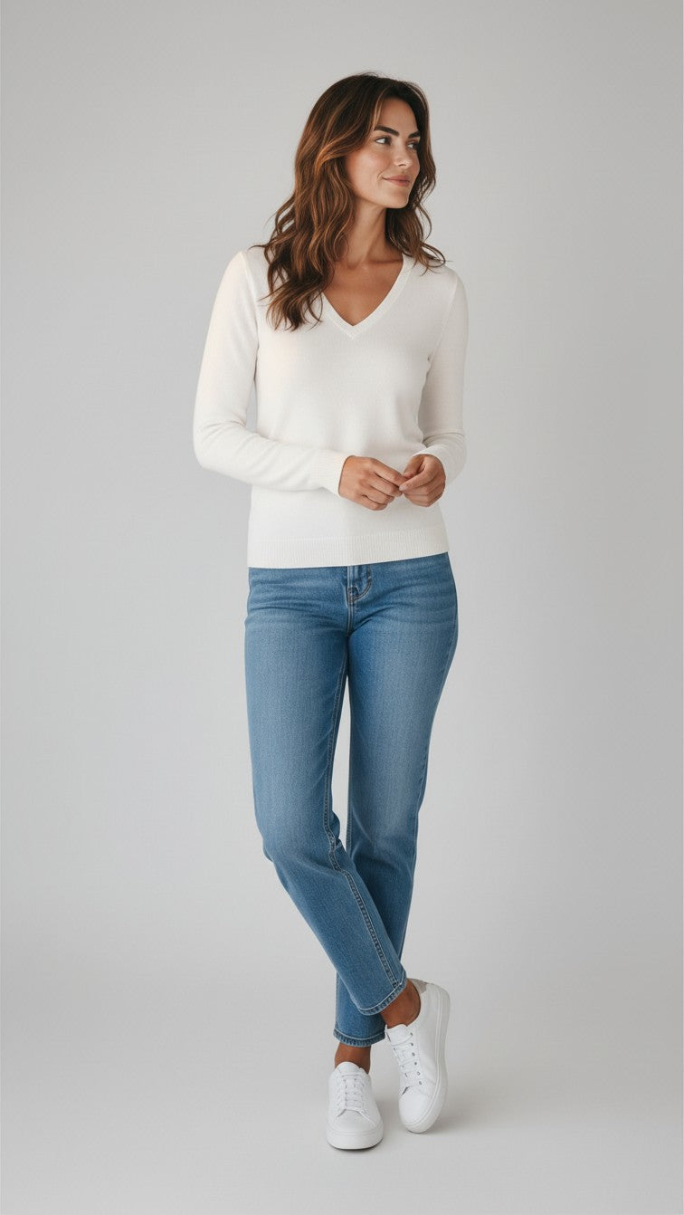 Fine-Knit V-Neck Sweater — White