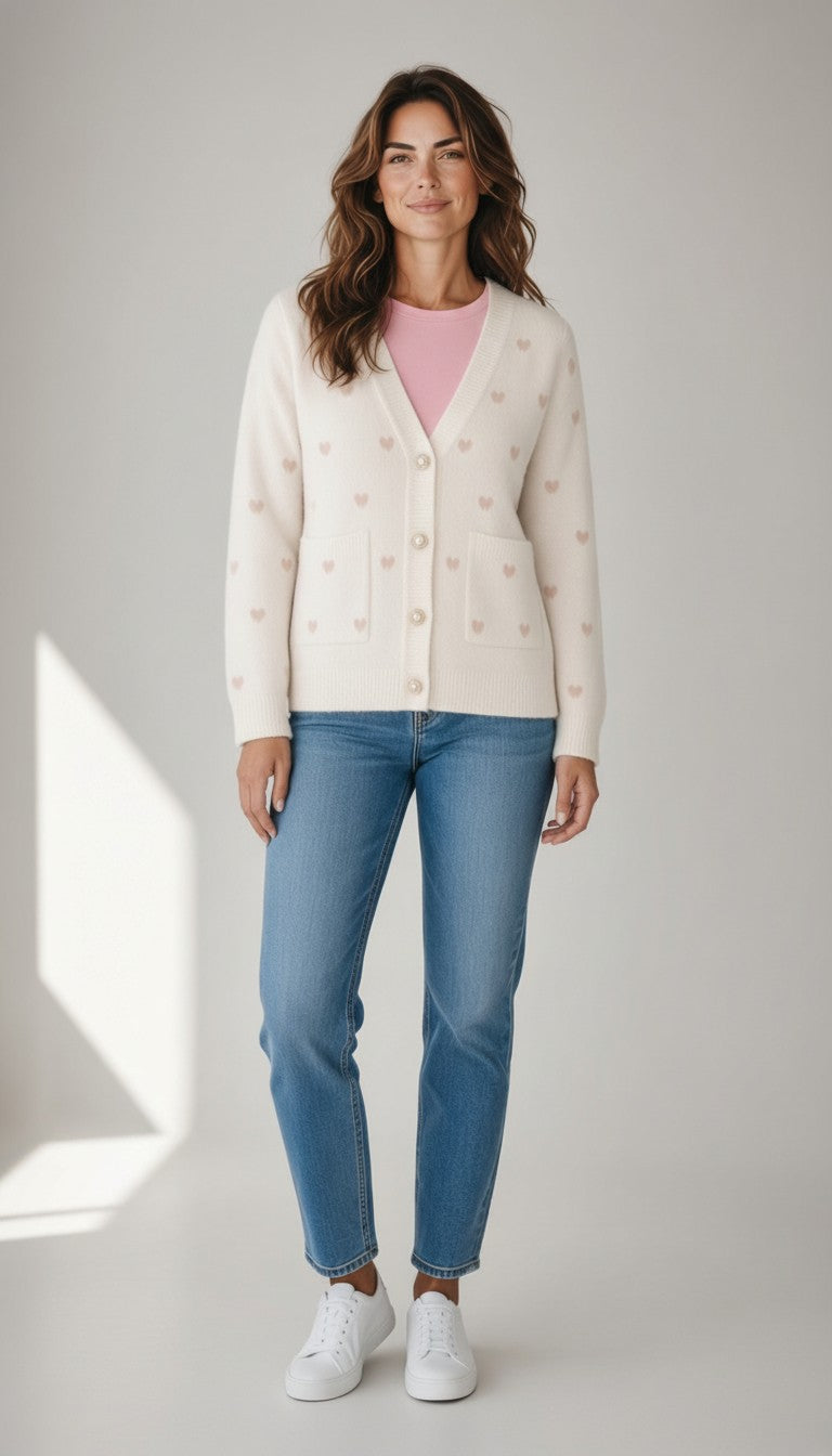 Heart Knit Cardigan — Cream with Pink Hearts