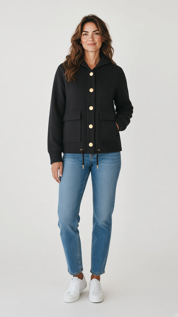 Hooded Knit Jacket with Gold Buttons — Black