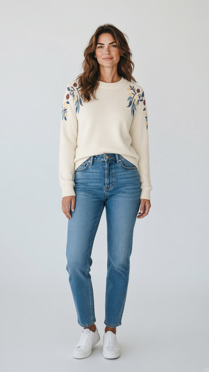 Floral Embroidered Sweater — Off-White