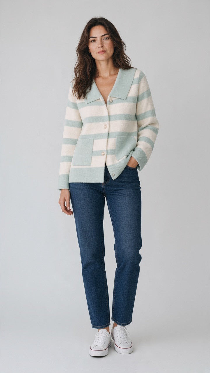 Striped Collared Cardigan — Blue & White