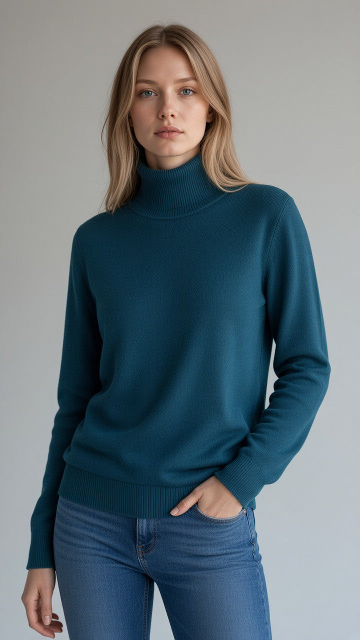 Fine-Knit Turtleneck — Petrol Blue
