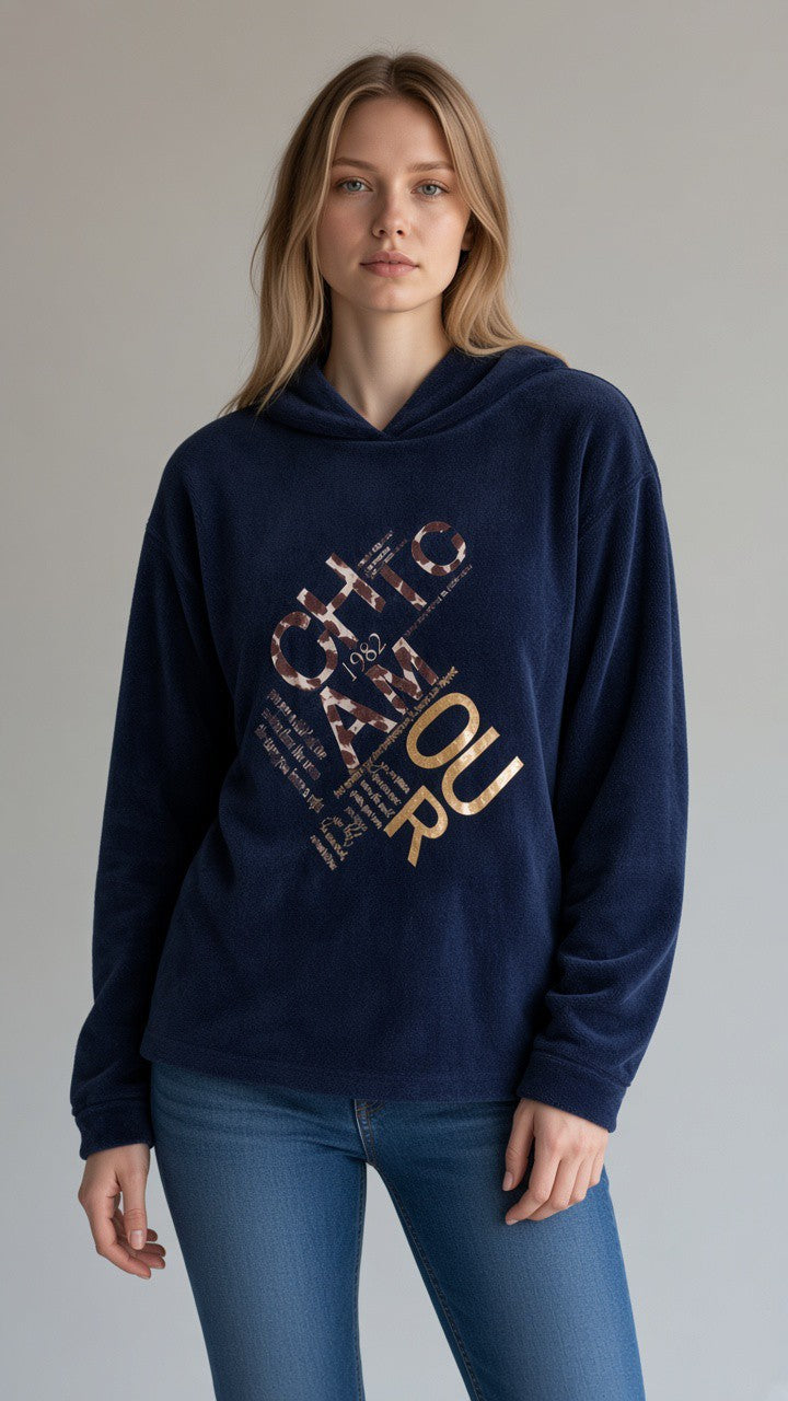 Metallic Lettering Hoodie — Navy