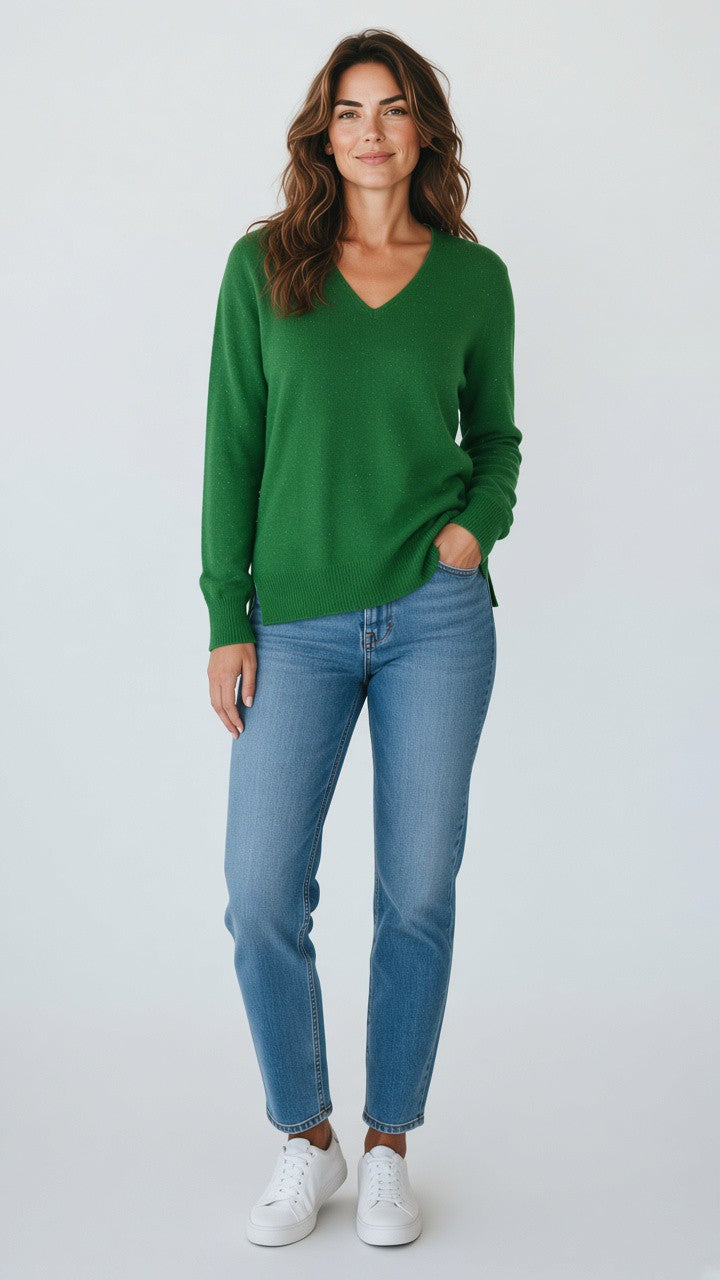 V-Neck Side-Slit Sweater — Green