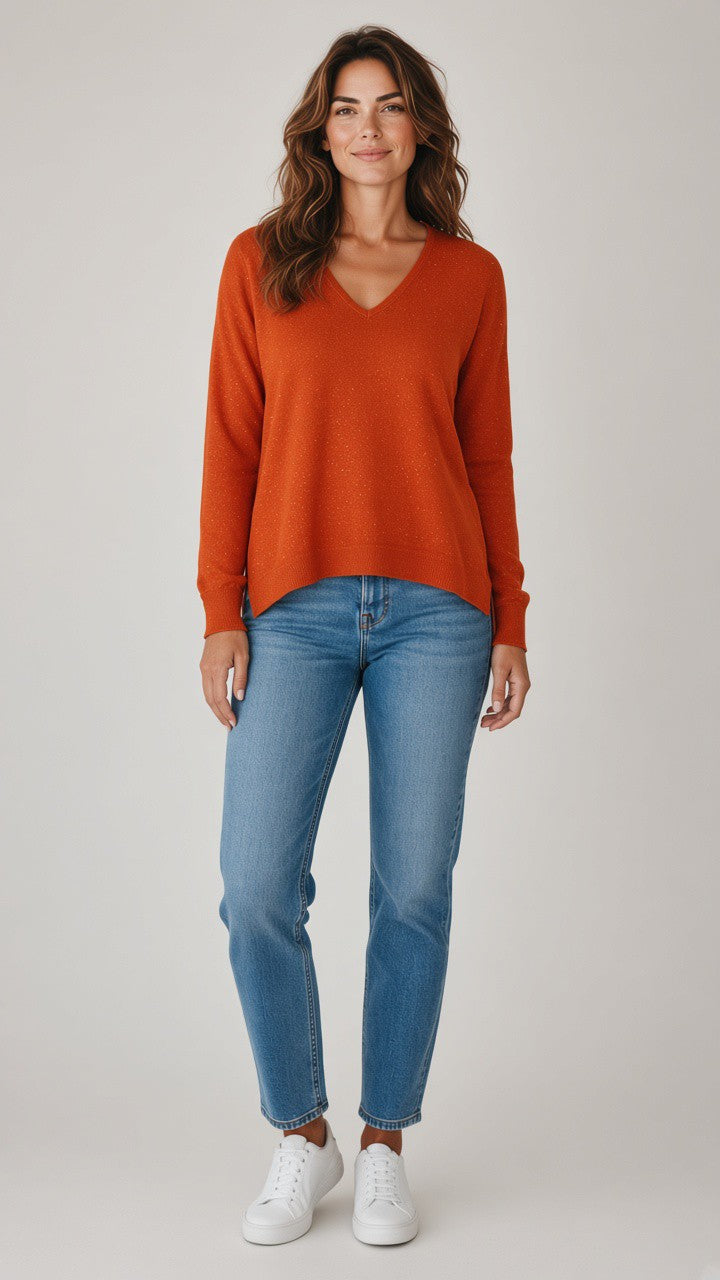 V-Neck Side-Slit Sweater — Brick