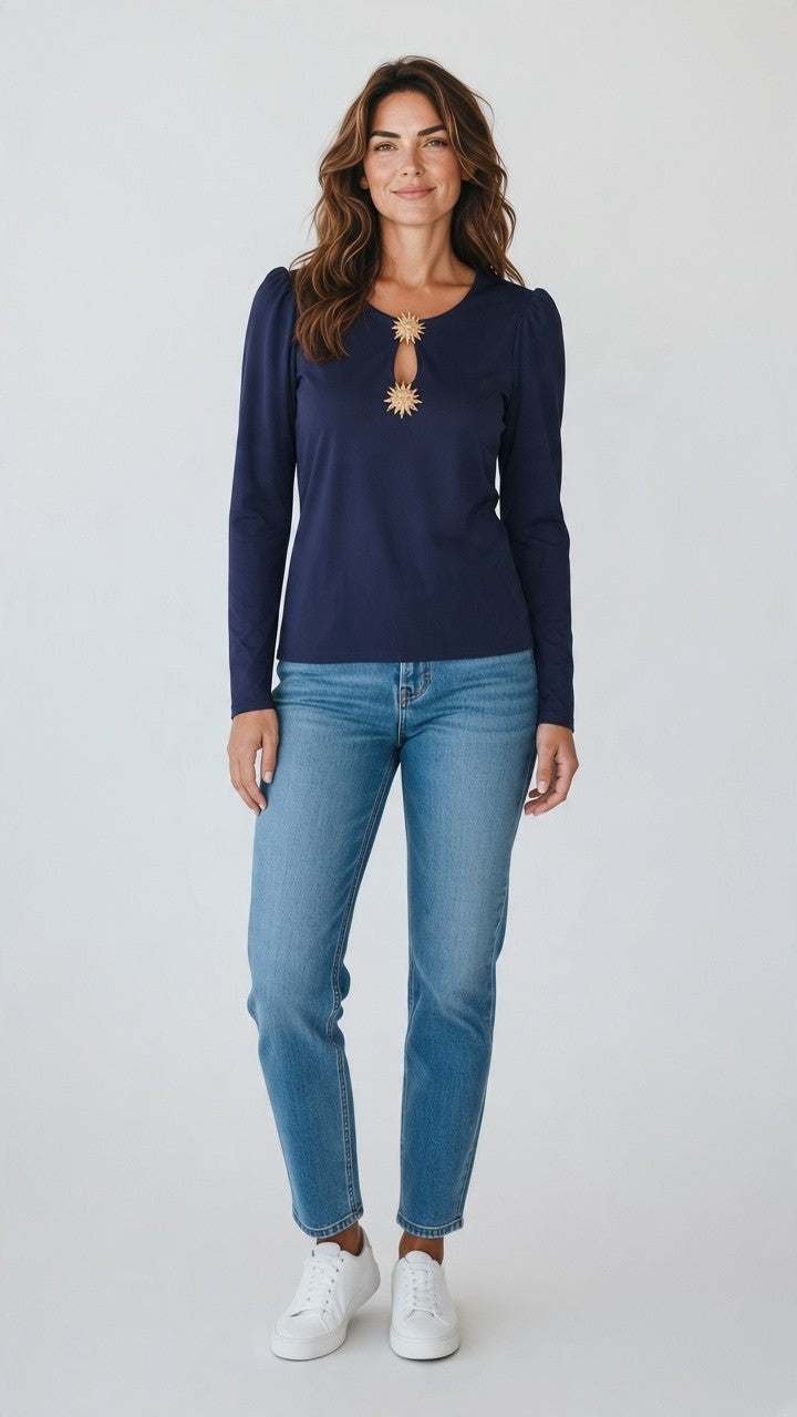 Star-Button Puff-Shoulder Top — Navy