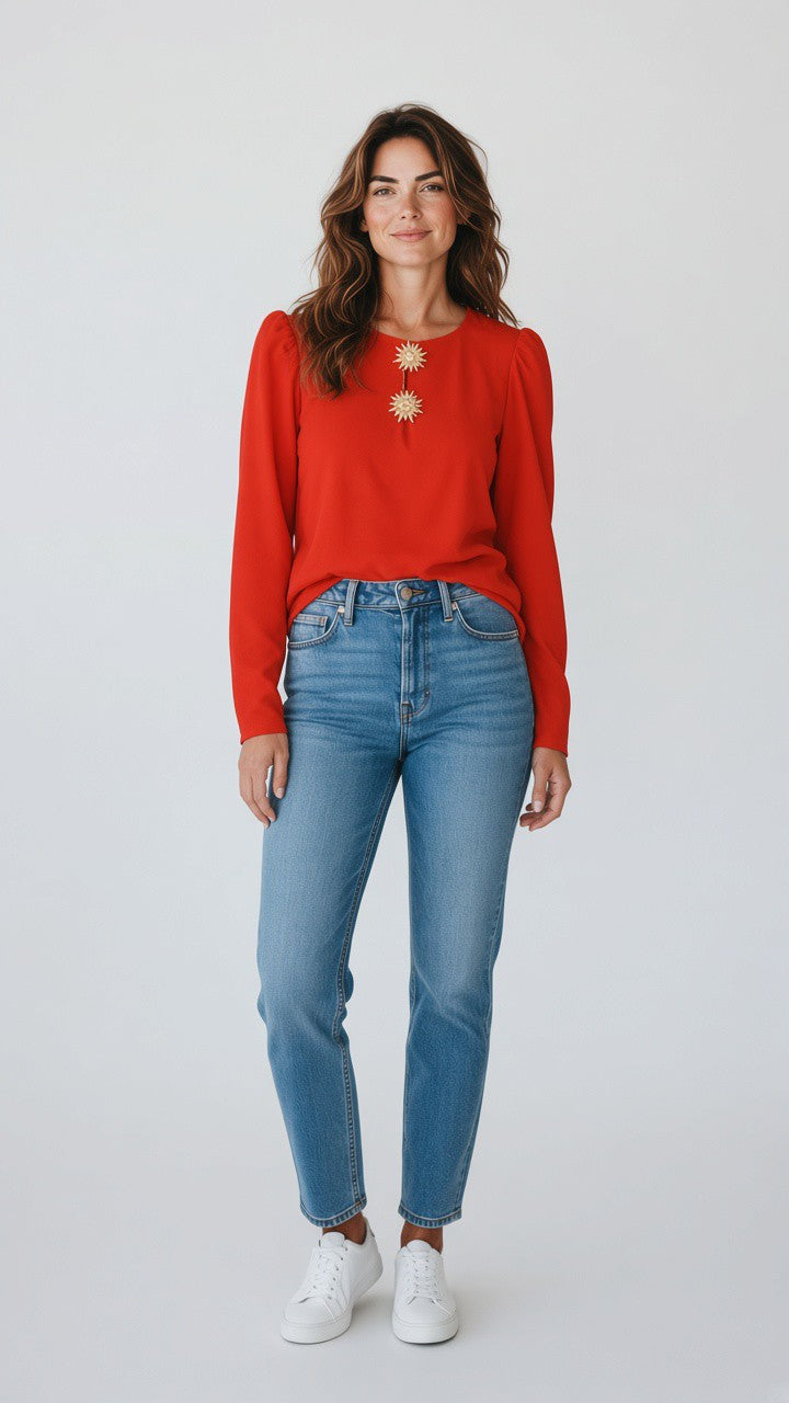 Star-Button Puff-Shoulder Top — Red