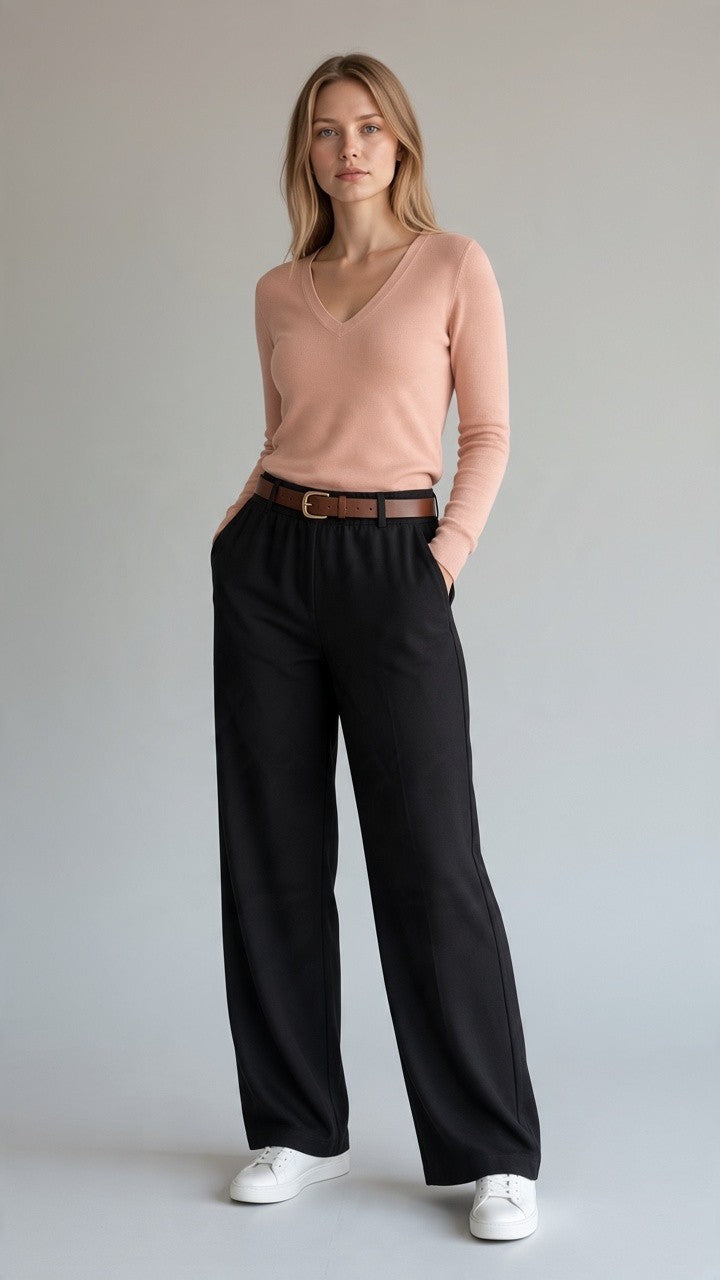 Wide-Leg Pintuck Trousers — Black