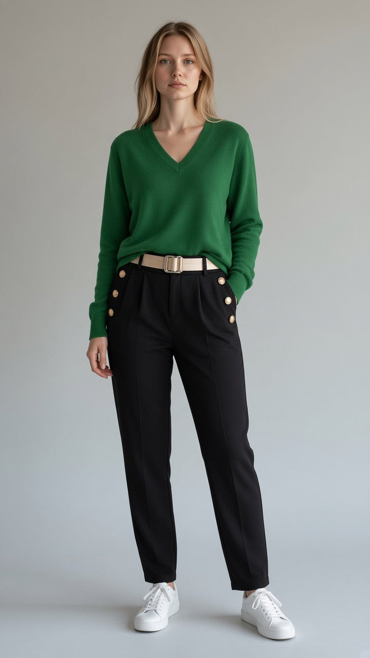 Gold-Button Wide-Leg Trousers — Black