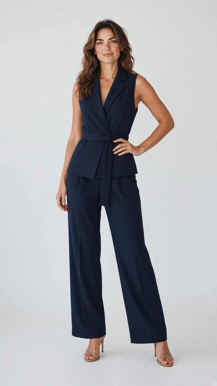 Belted Waistcoat & Wide-Leg Trouser Set — Navy