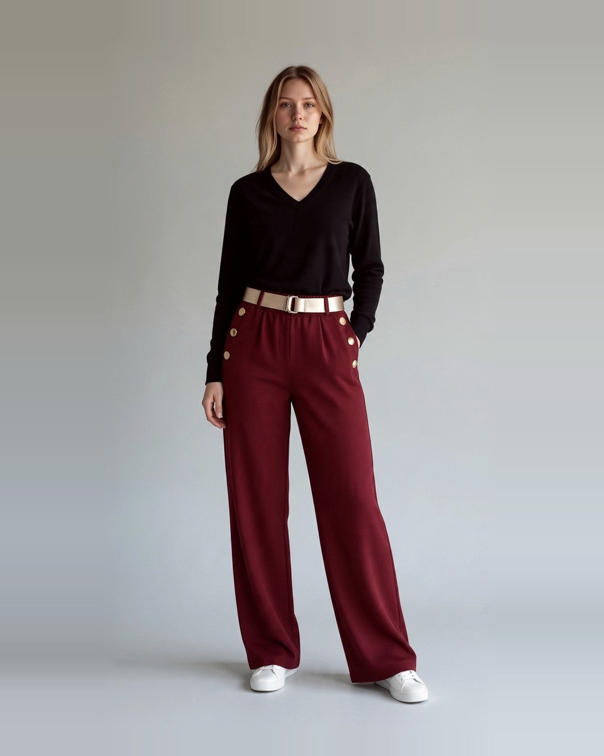 Burgundy gold-button trousers