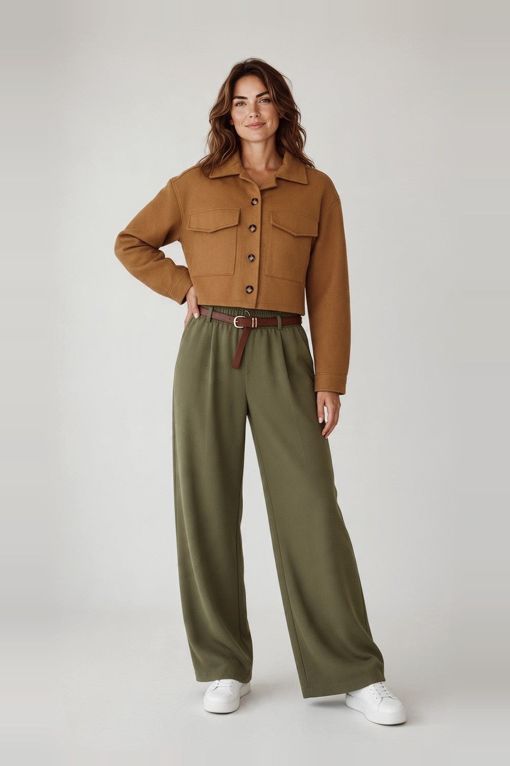 Camel cropped jacket with olive wide-leg trousers